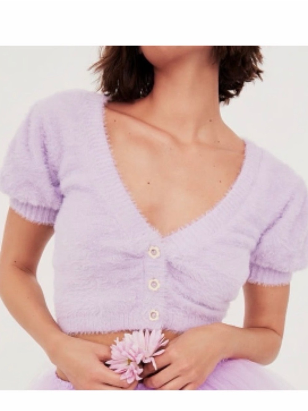 For Love And Lemons Lilac Fuzzy V-Neck Button Crop Top